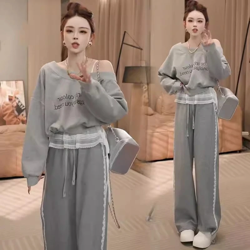 时尚休闲套装女春秋新款洋气质宽松显瘦蕾丝拼接卫衣阔腿裤两件套