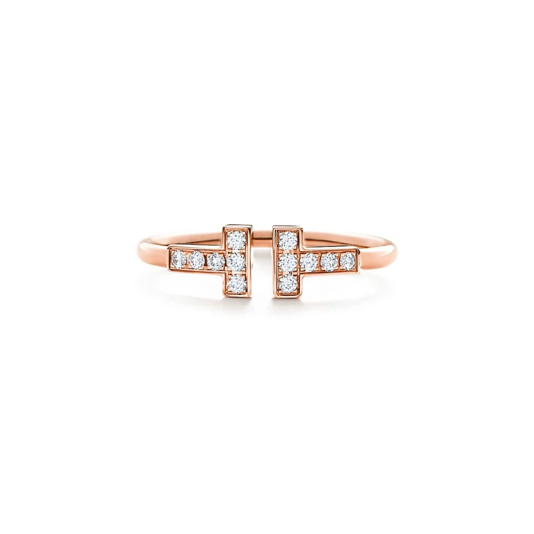 未使用 Tiffany & Co./蒂芙尼 T系列玫瑰金满钻线圈双T戒指/首饰