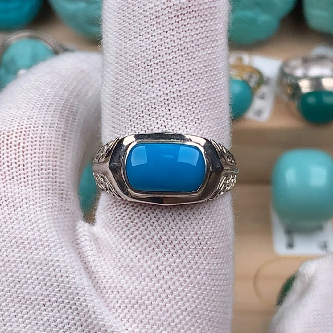 绿松石配饰银S925镶嵌男戒可调节