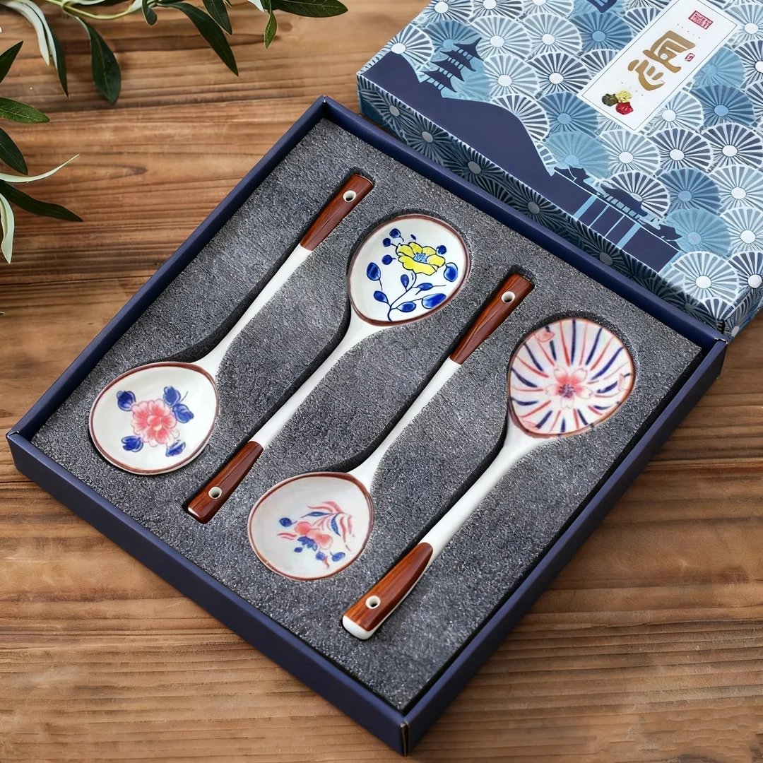 创意新款釉下彩汤匙长柄勺陶瓷勺子家用调羹高颜值送礼车载礼盒装