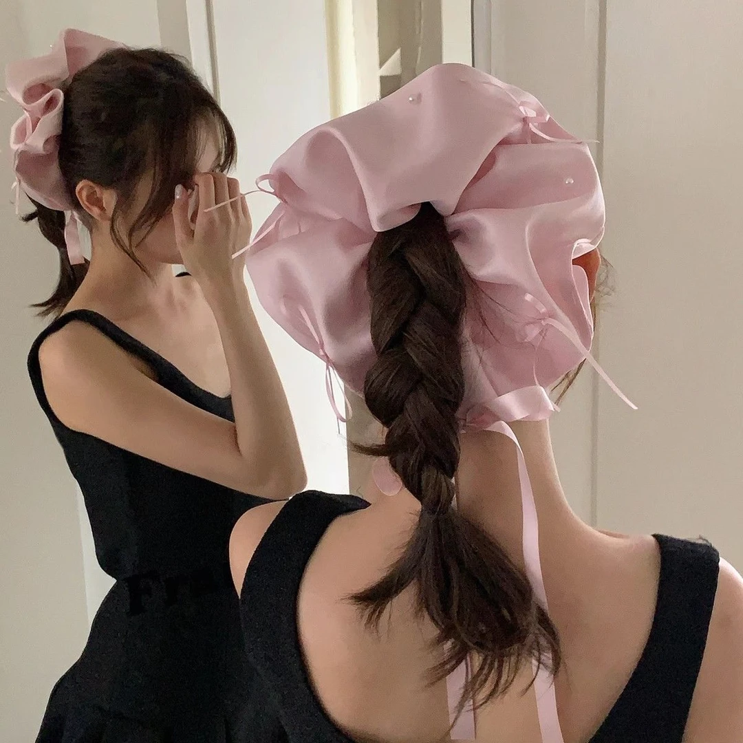超大号珍珠蝴蝶结飘带发圈高级感缎面大肠圈韩系发饰头绳新娘配饰
