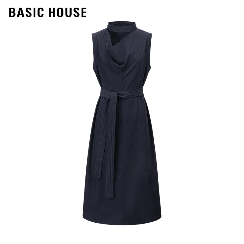 百家好/Basic House25年春季背心连衣裙系带收腰气质通勤无袖长裙