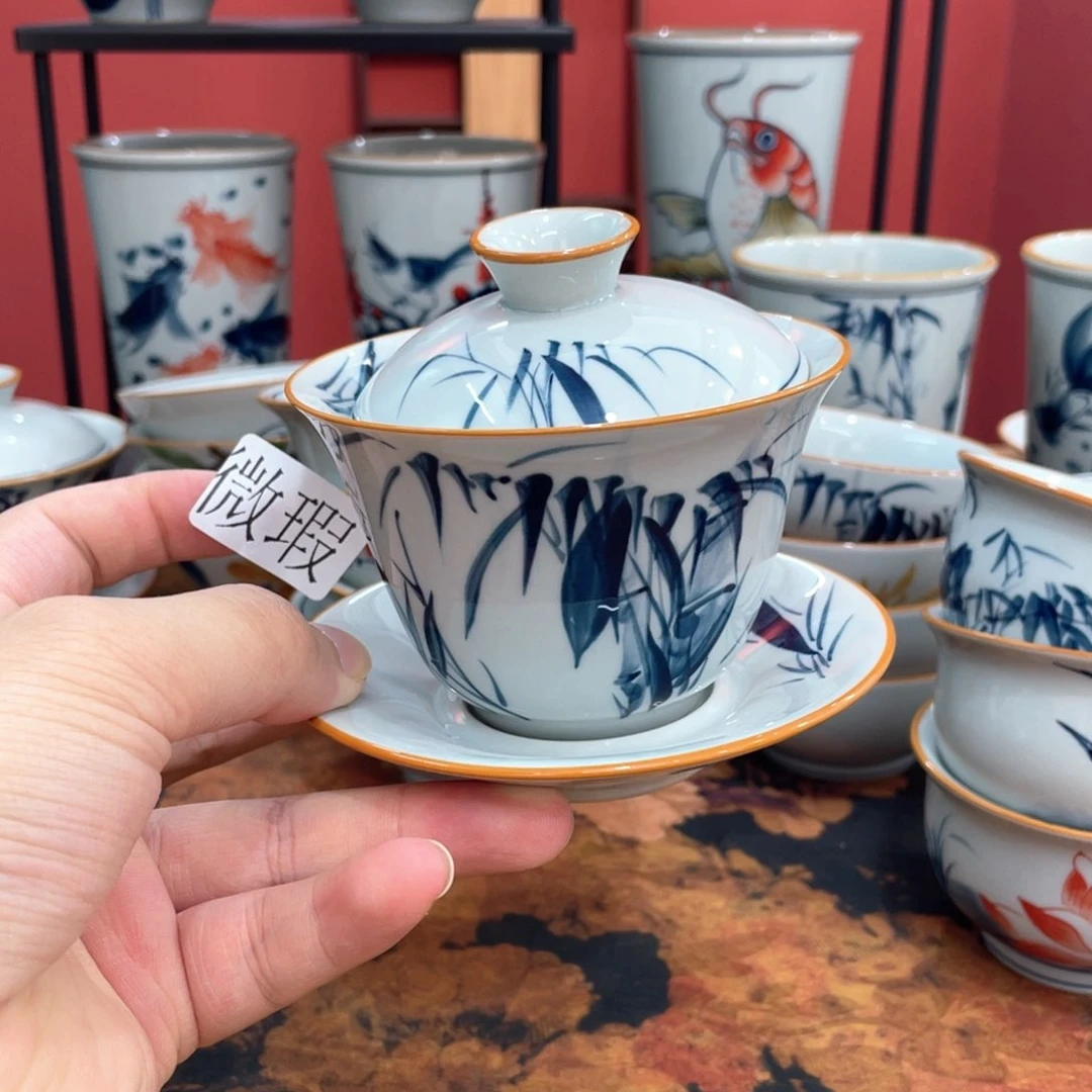 釉下手绘茶具微瑕直播间样品