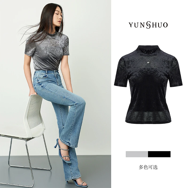 允硕春秋新品时尚百搭立领简约女装休闲T恤修身上衣345190