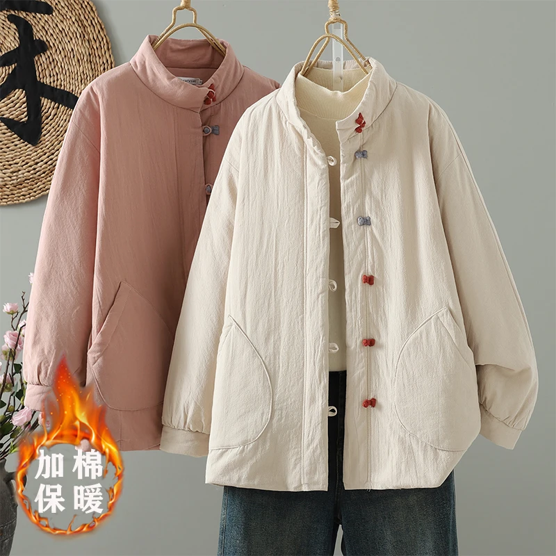 2025冬季新款国风加厚夹棉立领盘扣禅意复古中式棉袄外套宽松保暖