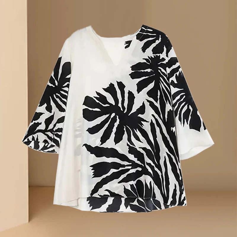 法式V领衬衫女士2025夏季新款时尚洋气减龄宽松显瘦薄款印花上衣