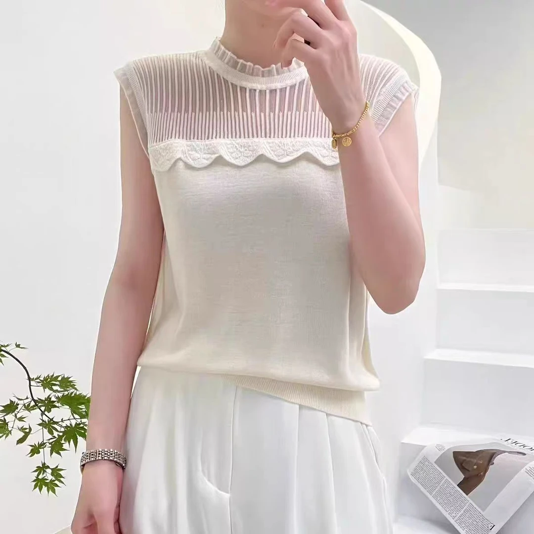 蕾丝拼接木耳边针织小吊带背心女夏季薄款网纱无袖内搭上衣小衫潮