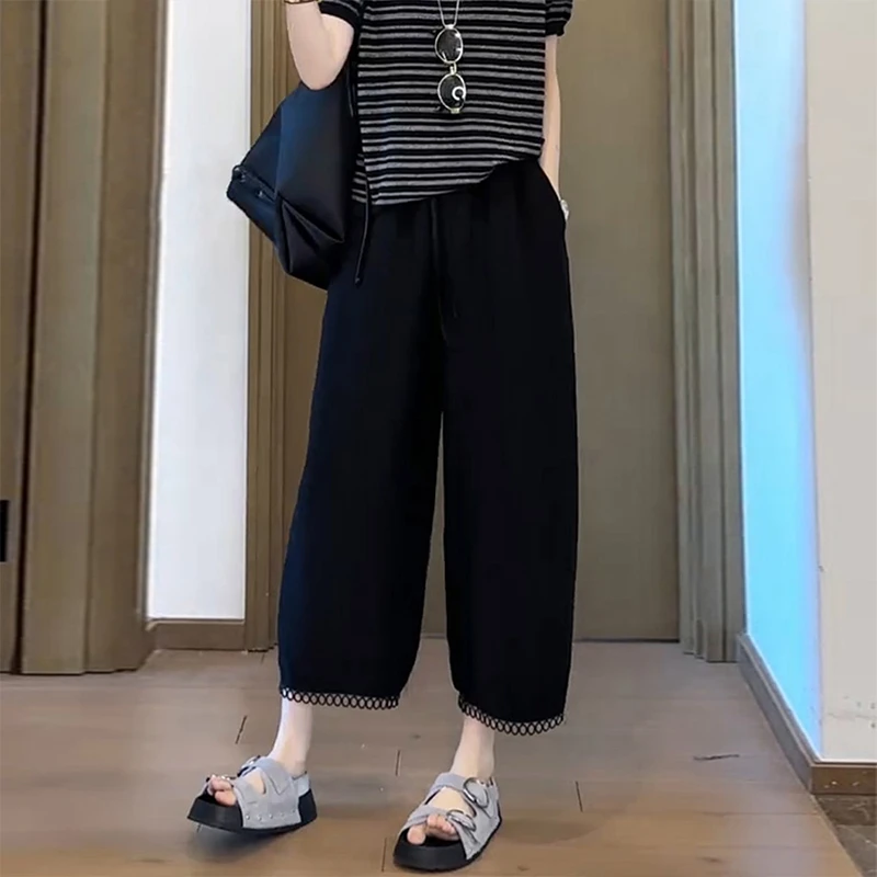 设计感气质高级感休闲裤2025夏季薄款高腰花边遮肉宽松显瘦八分裤