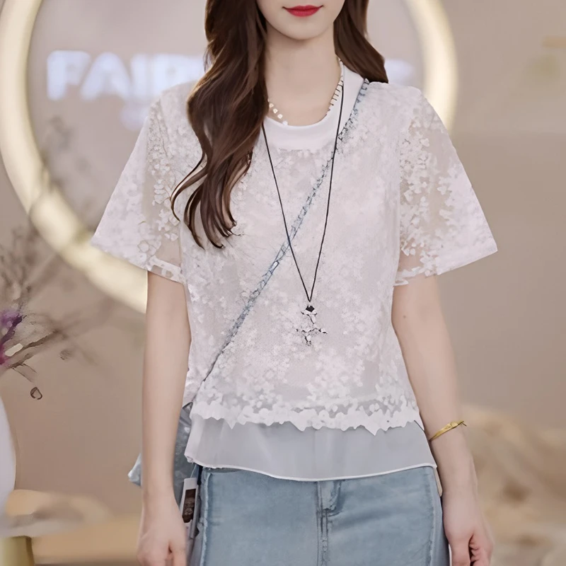 2025夏季新款时尚圆领刺绣蕾丝拼接假两件短袖衬衫上衣