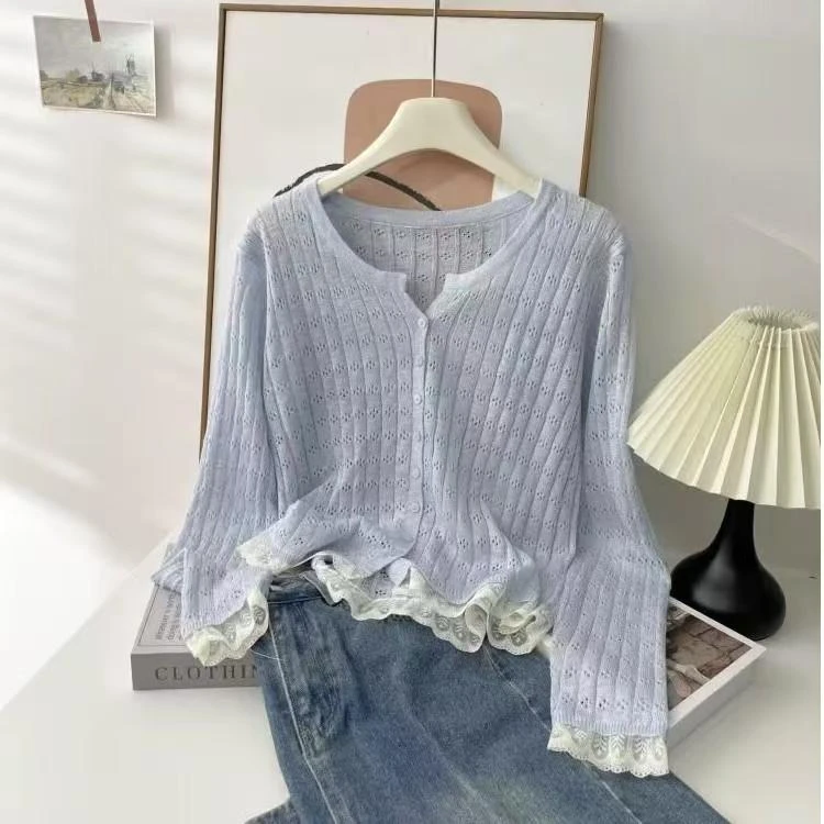 夏季新款韩系竹节麻开衫超好看防晒小外搭纯色镂空薄款针织衫女潮