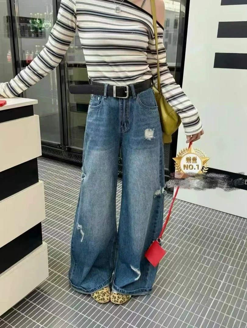 越野兔//爆款版型无敌高腰深蓝色做破有垂感牛仔裤阔腿裤配皮带