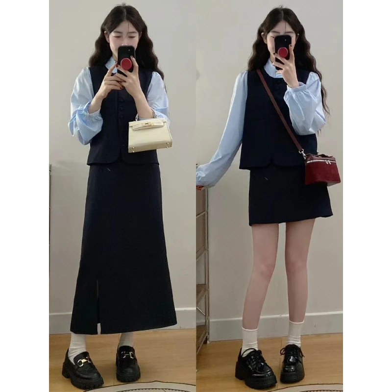 森系田园风女装套装小香风春秋显瘦气质小个子开叉小众秋季法式中