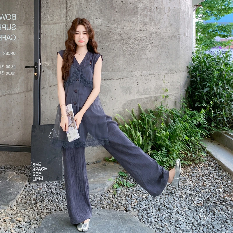 休闲气质灰色网纱拼接马甲阔腿裤套装女2025夏新款ootd减龄两件套