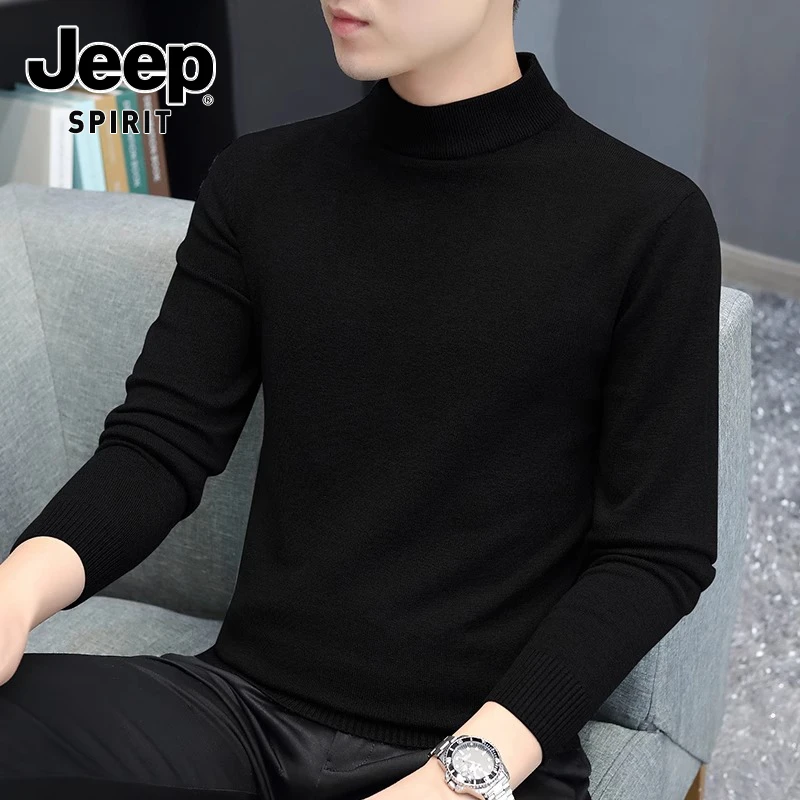 JEEPSPIRIT吉普半高领毛衣男士针织衫2024冬季加绒潮牌痞帅风上衣