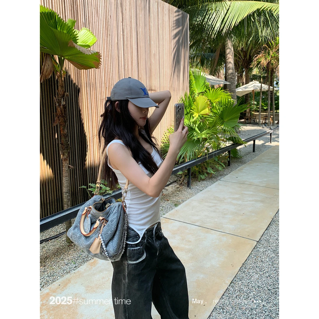 SUNONEONE 羊毛天丝棉感两穿吊带背心女夏U领百搭拼接上衣H1057D