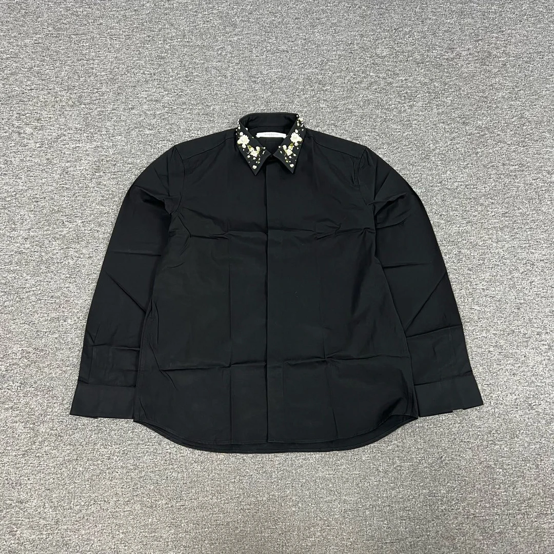 95新 Givenchy/纪梵希 领口珍珠花卉 黑衬衫 41码