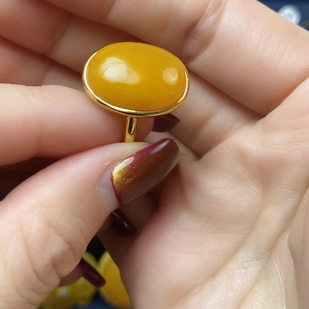 蜜蜡戒指银S925镀金镶嵌