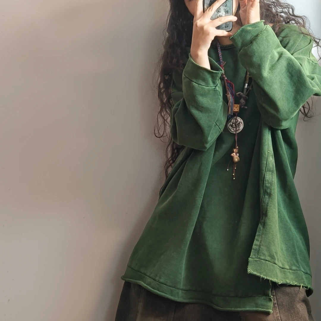 虞姑娘推荐  复古炒色做旧单侧开叉宽松卫衣(衣长77胸围148)