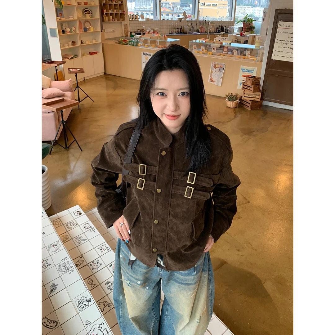 木子羊 美式cleanfit拼接设计仿麂皮高级感夹克男女短宽早秋外套