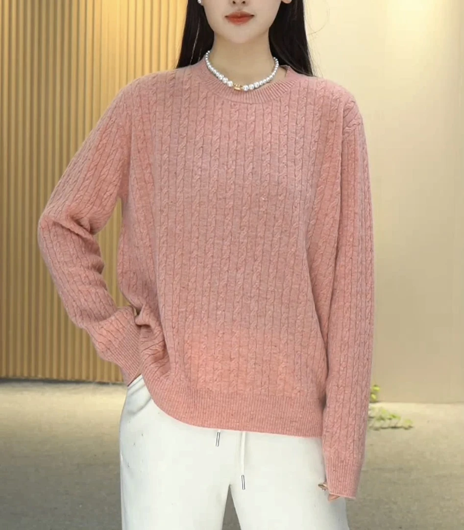 冬季全羊毛点子纱保暖宽松百搭休闲圆领绞花针织羊毛衫