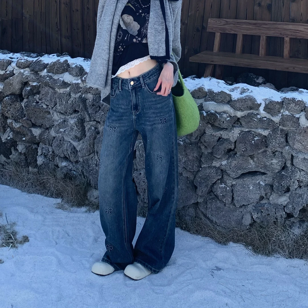 【赵小小&克拉恋人】L-98037 牛仔裤高腰刺绣绣花直筒裤复古阔腿裤
