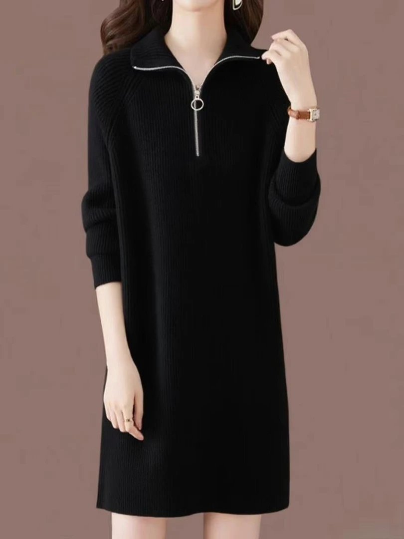 高领拉链毛衣中长款秋冬新款针织衫宽松大码女装连衣裙内搭打底衫