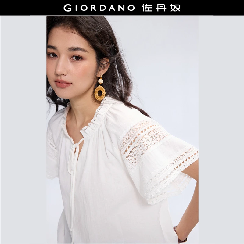 佐丹奴衬衫女装纯棉绑带花边小立领镂空白色短袖衬衫 18345203