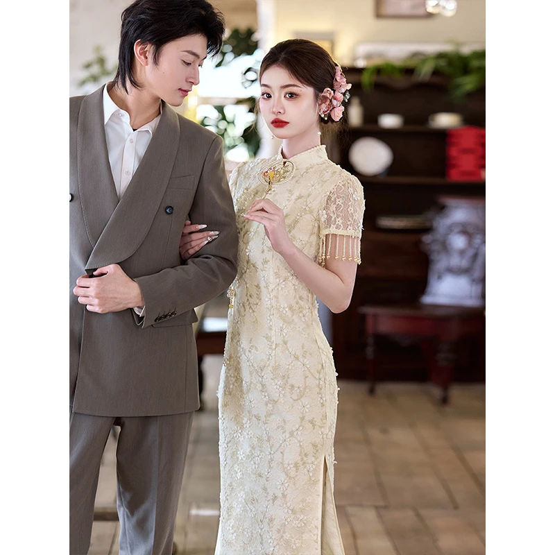 新中式香槟色蕾丝旗袍敬酒服订婚礼服新娘回门便装领证登记连衣裙