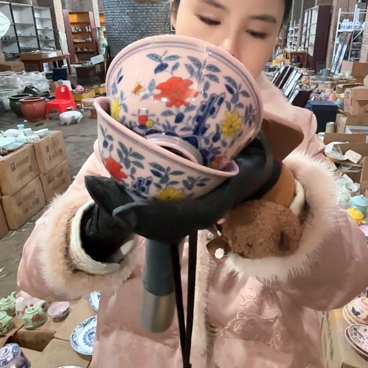 摆件陶景德镇高温陶瓷红希希山茶花杯两个