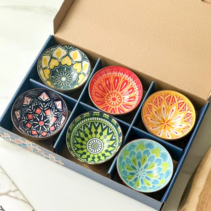 六只装 4.75英寸米饭碗 波西米亚釉下彩陶瓷餐具高脚碗家用（12cm