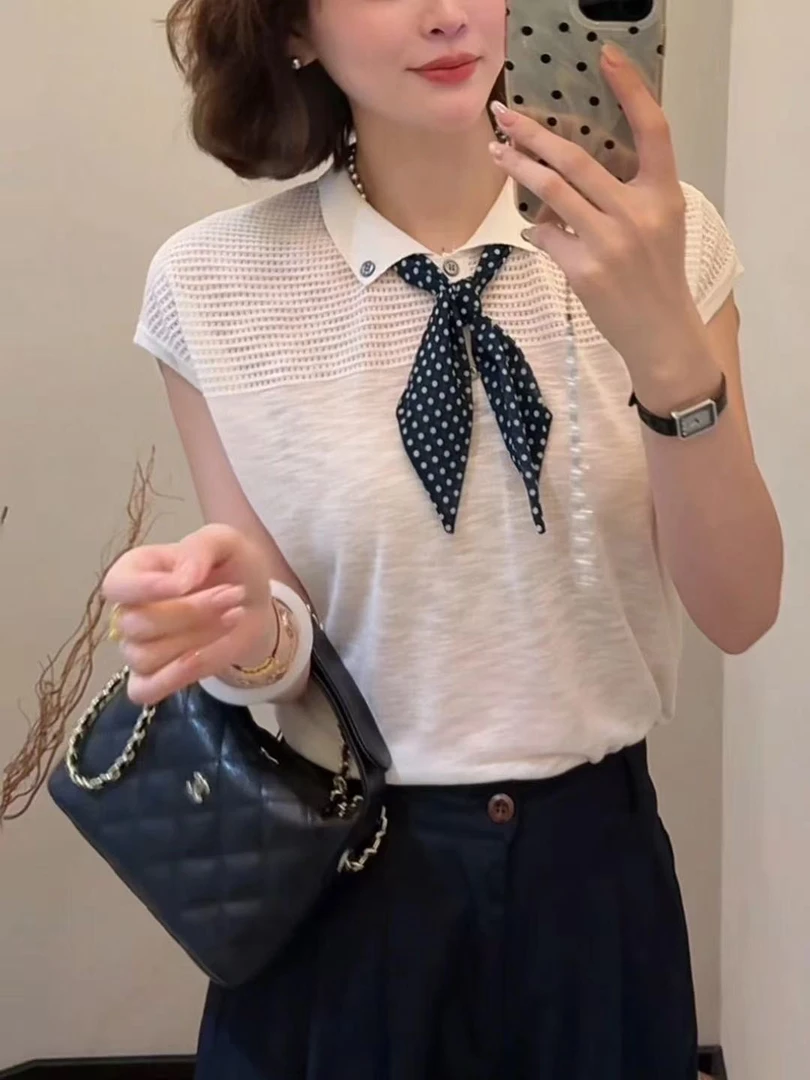 飞飞袖POLO领领巾夏季毛针织衫洞洞薄款INS风短袖国风