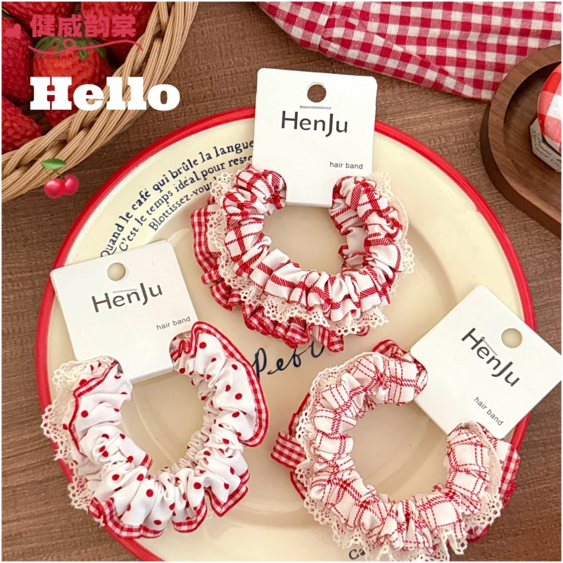 新款红色系花边小肠圈发绳波点格纹头绳少女甜美发圈不伤发橡皮筋