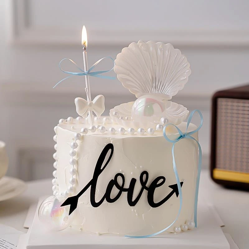 2.14情人节蛋糕装饰贝壳珍珠唯美摆件亚克力love情侣告白2025插牌
