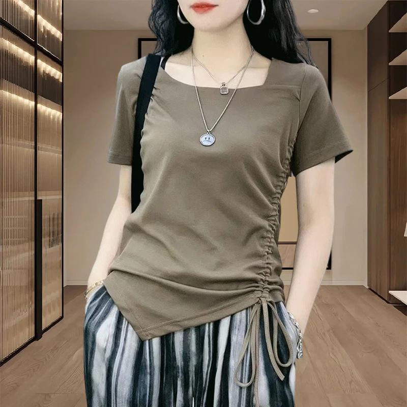 2025夏季新款小个子不规则时尚洋气上衣女士显瘦百搭短袖t恤薄款