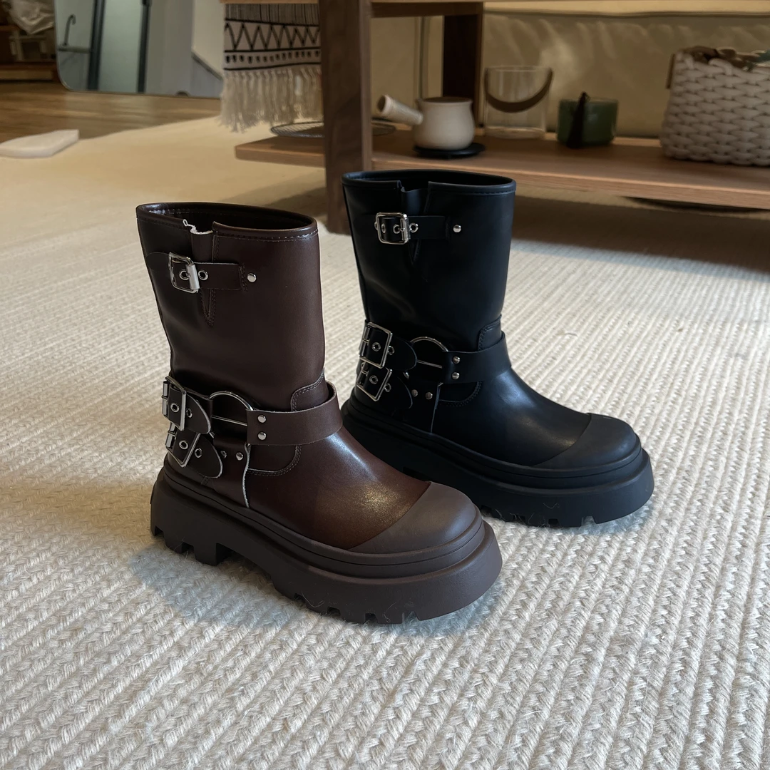 【HeiPa】付小付家新款上靴潮流小众百搭中帮边扣时尚黑色厚底中