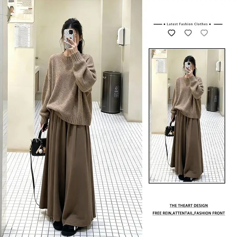 秋冬穿搭一整套女2025新款复古圆领针织毛衣宽松显瘦半身裙两件套