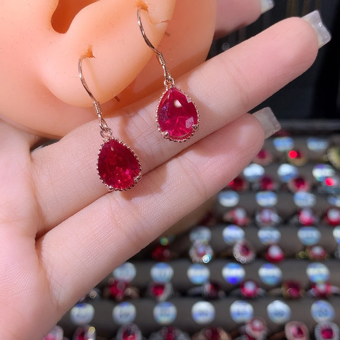 银S925镶嵌耳饰红宝石玫瑰金