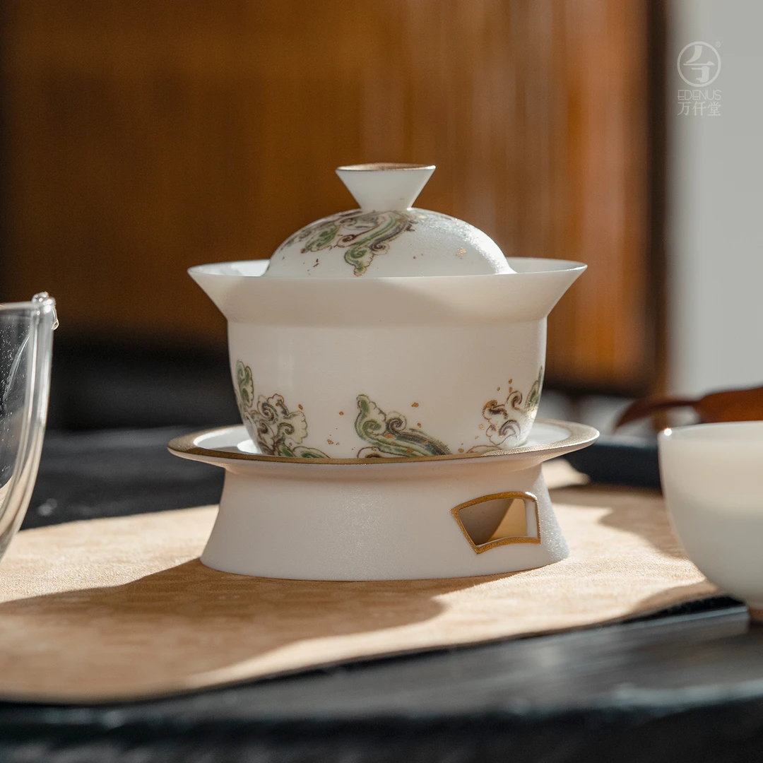 万仟堂敦煌图案三才盖碗大号泡茶壶家用陶瓷茶具套装茶杯祥云瑞器