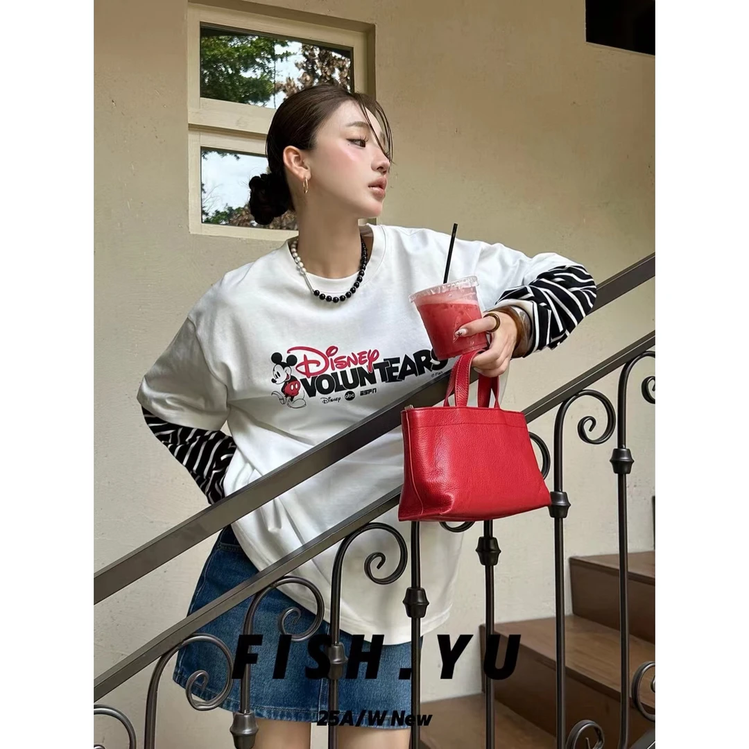福（1yu25579#）FISH YU  米奇假两件！拼接条纹袖休闲T恤 9-17