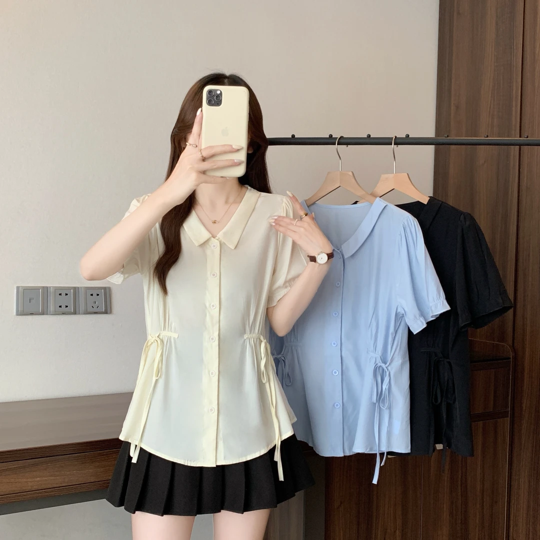 2025年夏季胖mm大码女系带收腰遮肚短袖衬衫设计感显瘦上衣64815