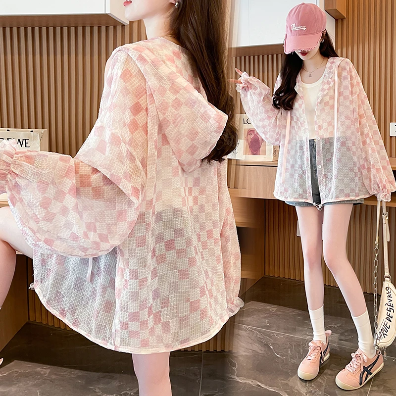 粉色棋盘格防晒衣女夏天薄款超好看长袖罩衫韩系甜妹穿搭短款上衣
