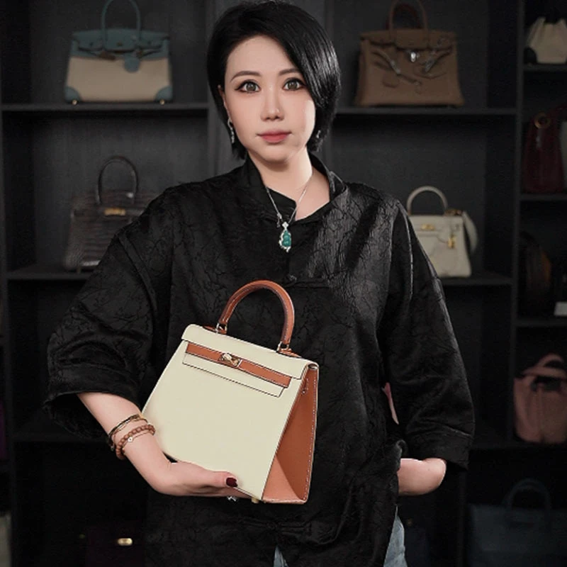 〖限·定〗大马SO拼色凯25尺寸头层EP皮手提女包 XKY-6978-白配棕