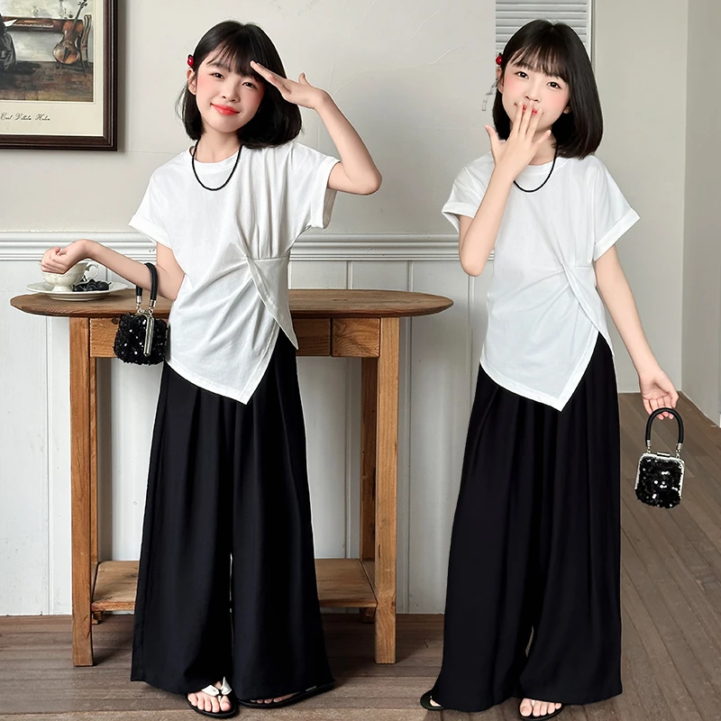 女童夏季新款套装2025新款中大童6-12岁短袖阔腿裤韩版夏装两件套