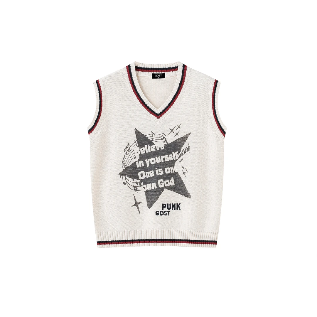 GOST秋冬美式学院风宽松V领星星音乐印花针织背心