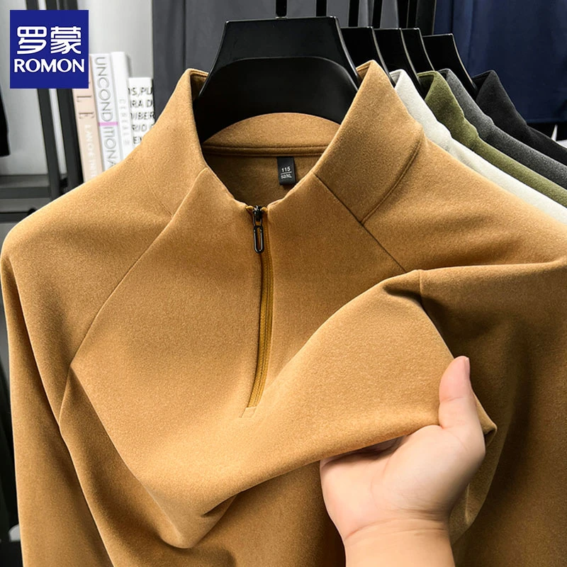 罗蒙男士双面绒秋冬季新款半拉链立领卫衣休闲时尚套头纯色打底衫