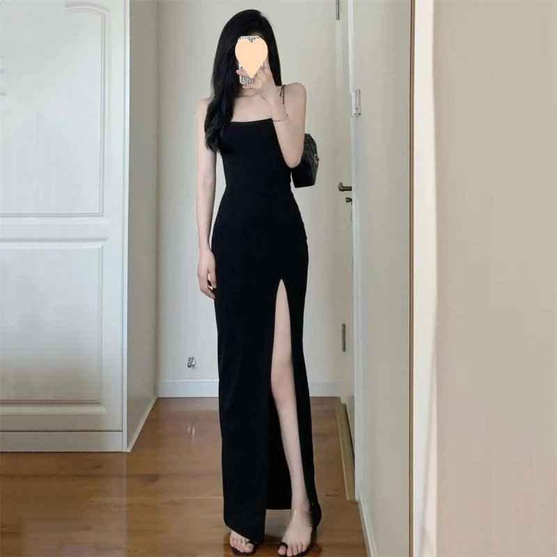 显瘦性感黑色开叉修身收腰长款包臀设计感连衣裙 2023年秋季涤纶