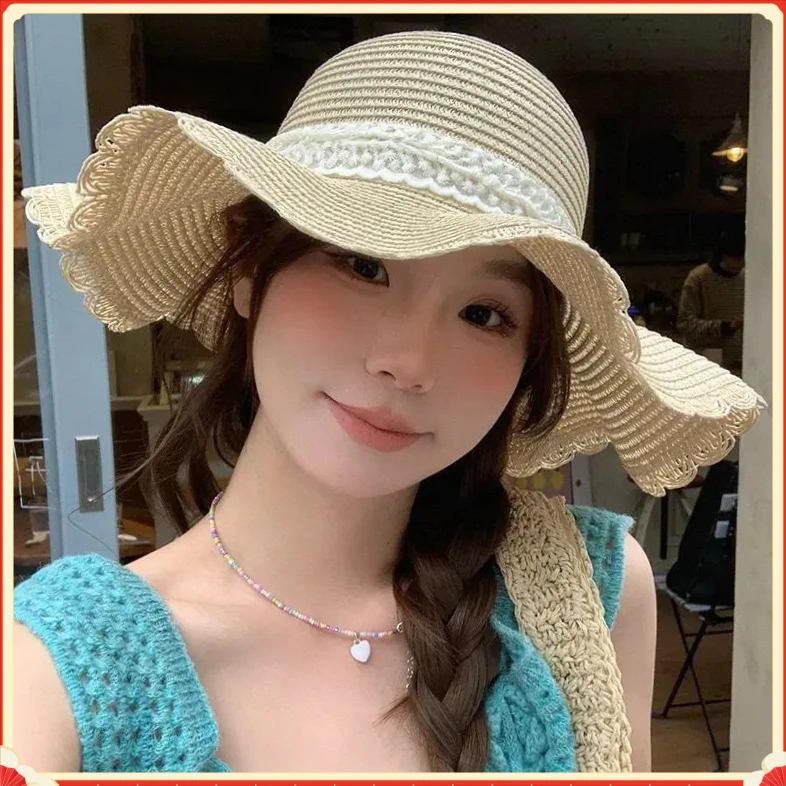 波浪边蕾丝蝴蝶ZWMY结草帽女夏大帽檐编织帽海边沙滩度假遮【大橘】
