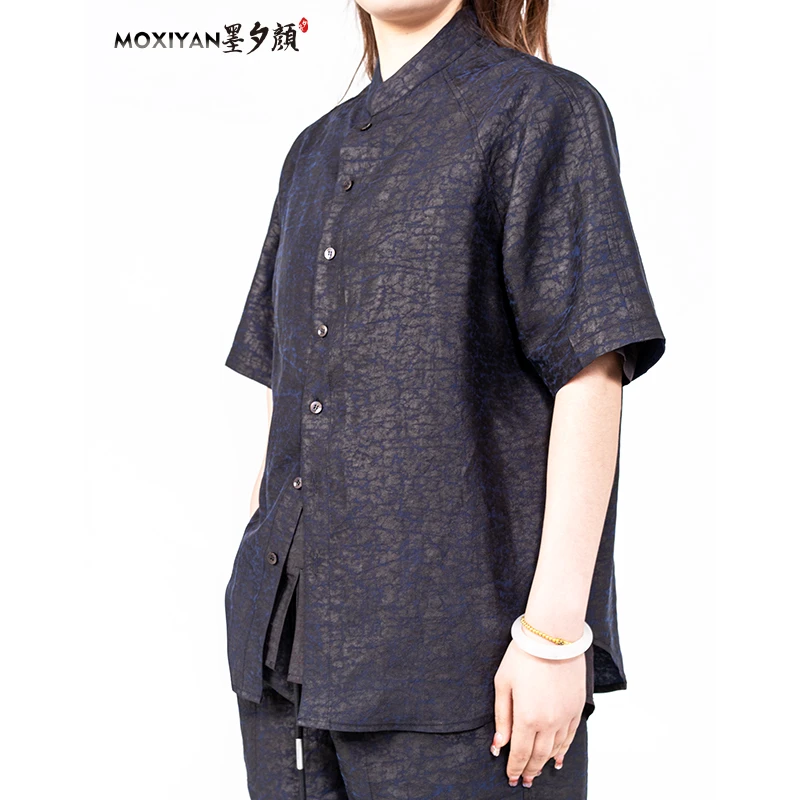 【墨夕颜】2025新款桑蚕丝香云纱男装  老料蓝龟立领衬衫-MH-677