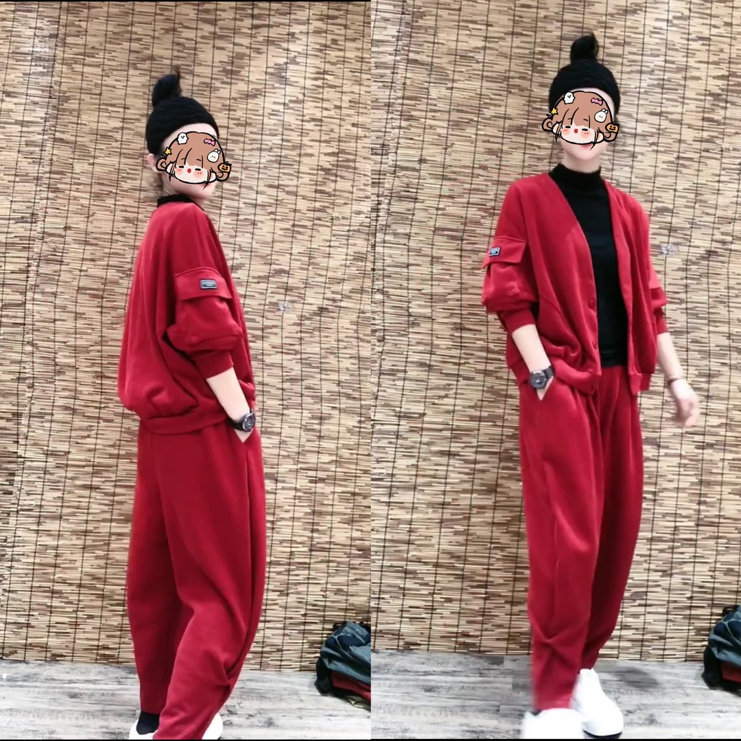 2025秋冬季加厚新款开衫减龄时尚显瘦时尚套装气质宽松中国红套装