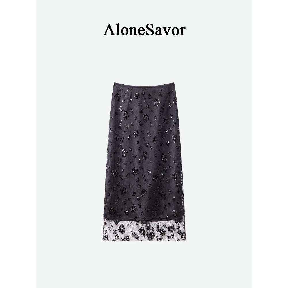 【ALONE SAVOR】龍喜儿溢彩 早秋网纱亮片绣花直筒半身裙Z171